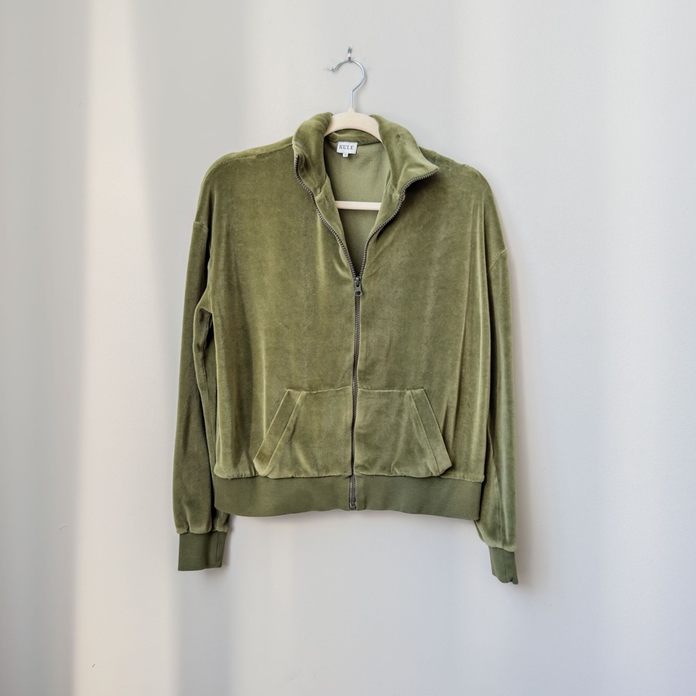 Women's Kule The Velour Kip Athleisure Lounge Olive Green Zip Up Sweater Size XS